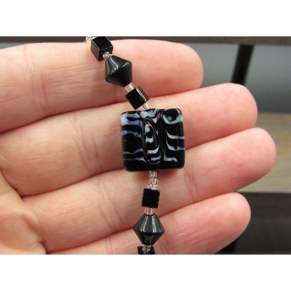 7" Sterling Silver Black Glass Handmade Bracelet Vintage Elegant Beautiful